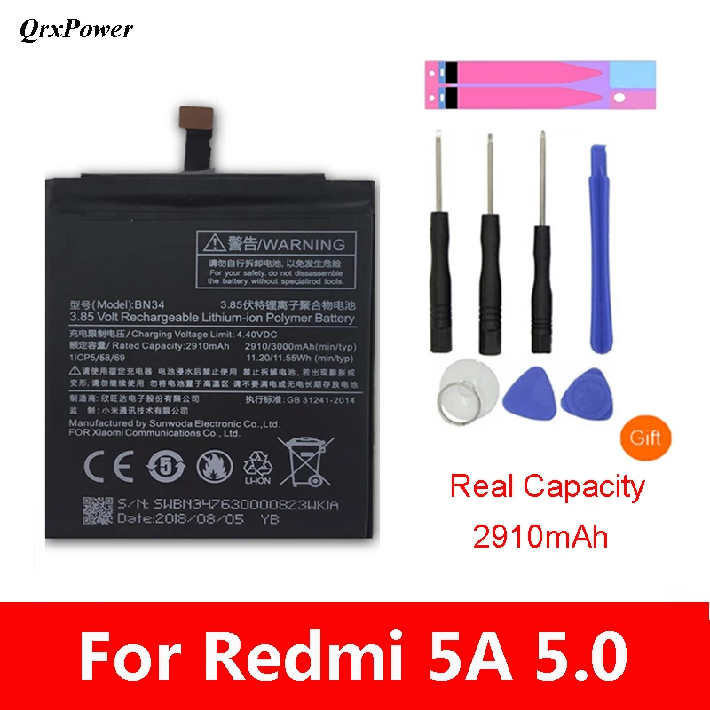 Оригинальный аккумулятор BN34 для мобильного телефона Xiaomi Redmi 5/5A реальная емкость