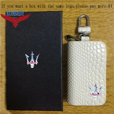 White with logo box Чехол из змеиной кожи для автомобильного ключа с дистанционным управлением, чехол для автомобильного ключа, кошелек, сумка, брелок для ключей Maserati 2 - Название цвета: White with logo box