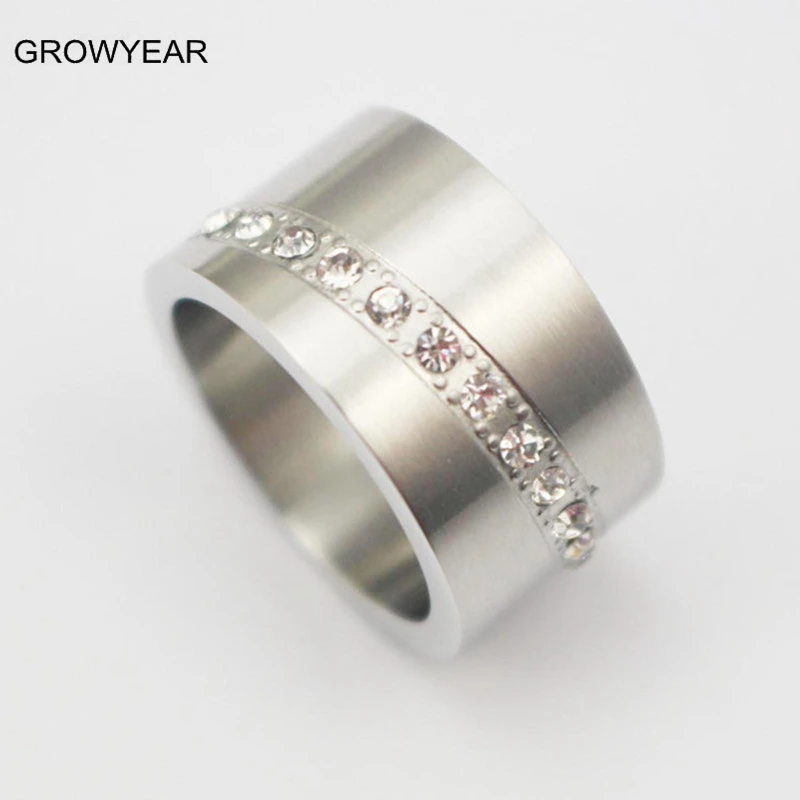 Кольцо женское серебристое из нержавеющей стали с кристаллами|finger ring|wide ringring with
