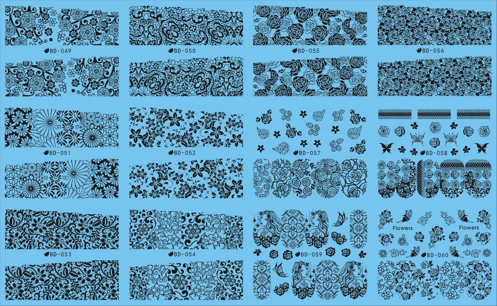 12 упаковок/партия переводная наклейка для ногтей Наклейка черный цветок Роза