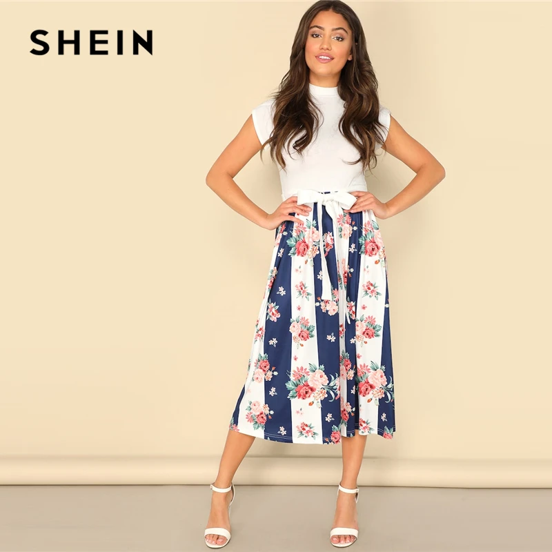 SHEIN Контрастное Цветочное Платье С Узлом И Стоячим Воротником Женское Летнее Многоцветное Повседневное Платье С Поясом