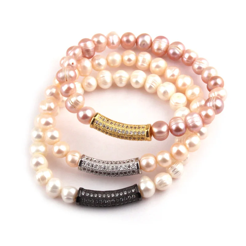 

MOODPC Fashion Women Freshwater Pearls Strand Bracelets Hematite Gold Zircon Paved Bar Pearl Bracelet