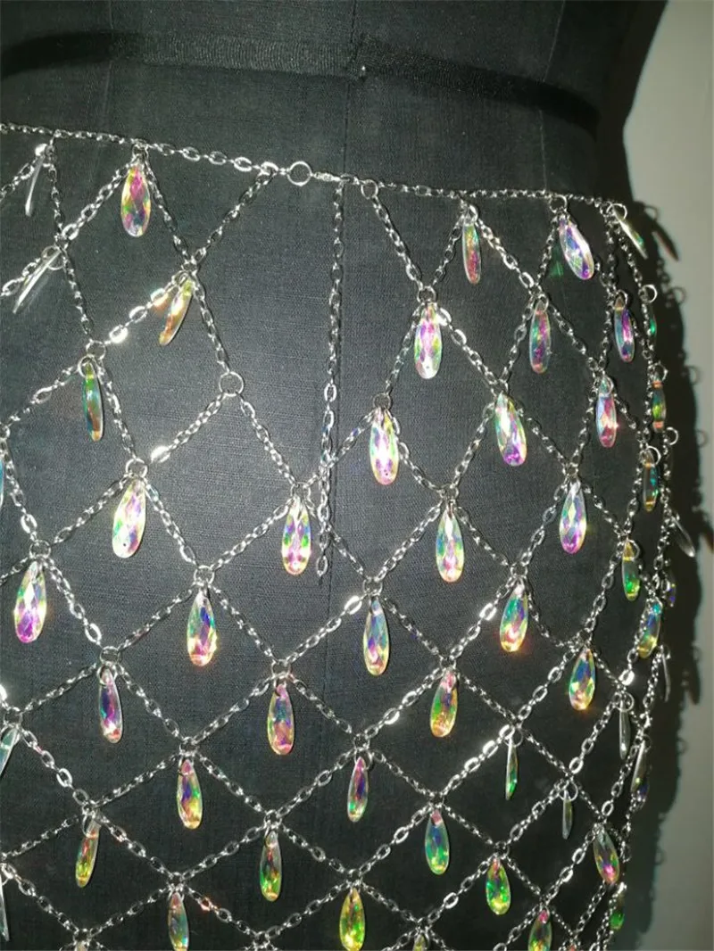 

Woman Hollow Out Shiny Pendant Mini Dress Nightclub Party Beach Mini Skirt Sexy Bling Metal Chain Crystal Diamonds Skirt