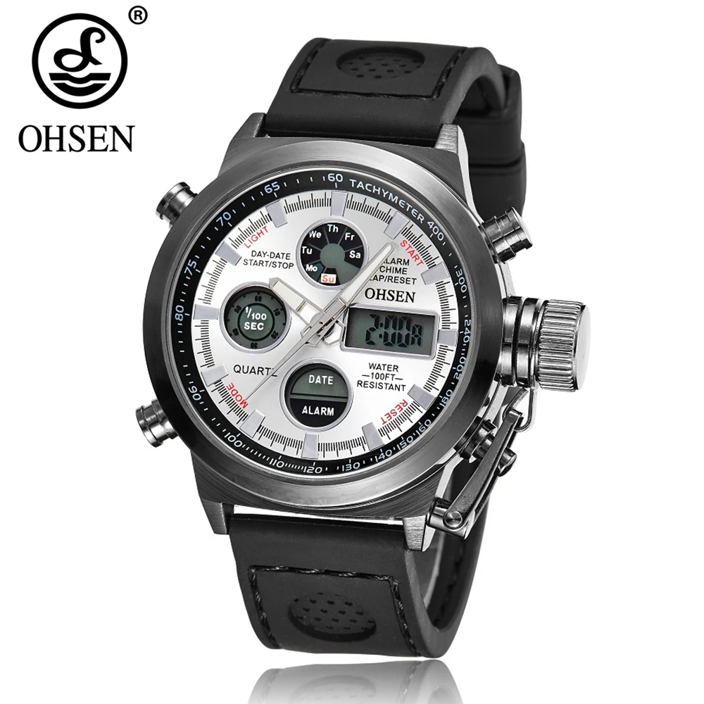 OHSEN мужские цифровые часы с двойным дисплеем силиконовый ремешок циферблатом из