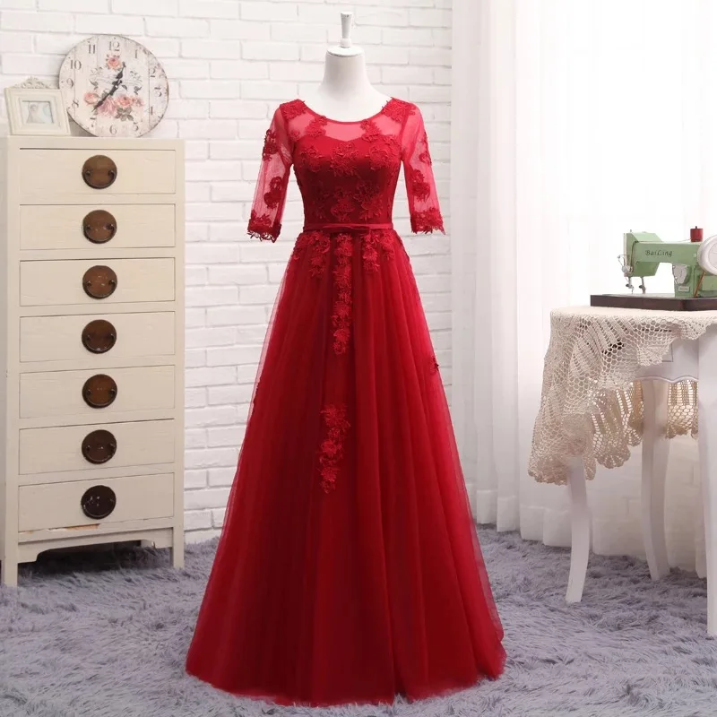 Wine Red Кружевное Тюлевое вечернее платье трапециевидной формы с коротким рукавом, новинка, фиолетовые, красные, розовые, серые вечерние платья, вечерние платья на выпускной, DR02T - Цвет: Wine Red