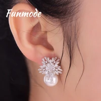 funmode new white pearl cubic zircon stud earrings for women snow flower shape earring new arrival jewelry women bijoute f015e