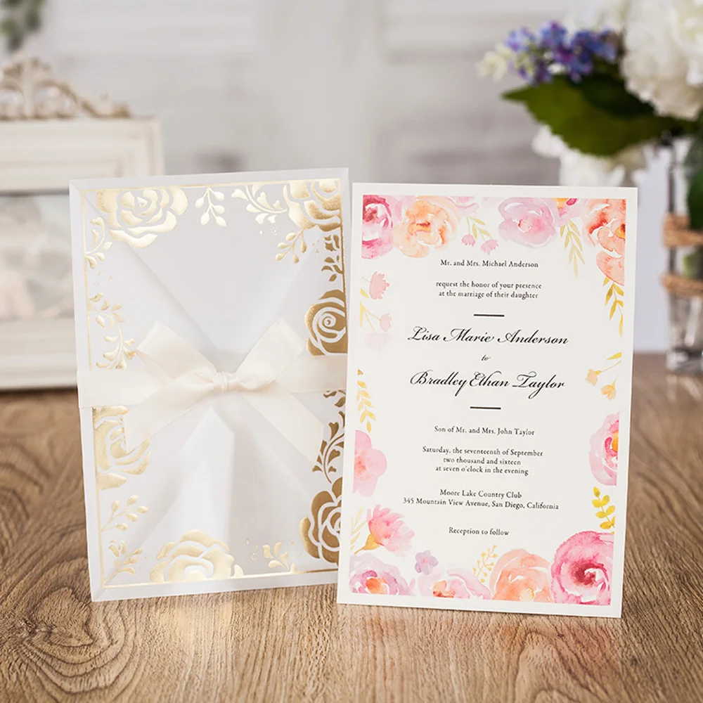 

50pcs Vertical Laser Cut Wedding Invitations Cards with Multicolor Flora Design and Transparent Envelope For Marriage Party