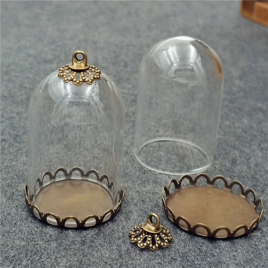 

5sets 30x20mm glass tube with 20mm bronze lace base and cap set no filler glass bottle vial pendant glass necklace charm