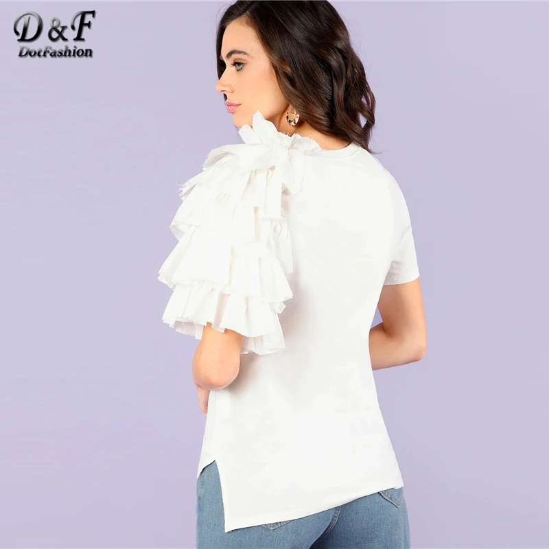Dotfashion белый Многоуровневая рюшами отделкой облегающая футболка Для женщин Корейская одежда Повседневное летние топы опрятная футболка с коротким рукавом