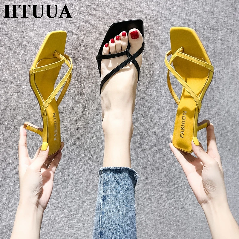 Черные и желтые сандалии HTUUA женские на высоком каблуке шлепанцы летняя обувь 2019