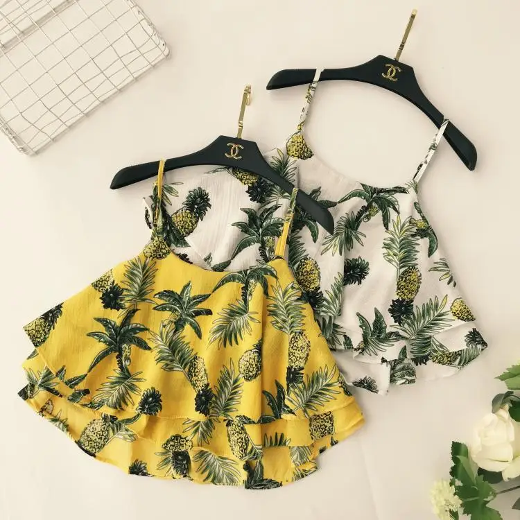 

Women Sexy Strapless Camis pineapple Print Satin lotus leaf Tank Tops V neck sweet Summer 2019 Cute Tank Female blouses Camisole