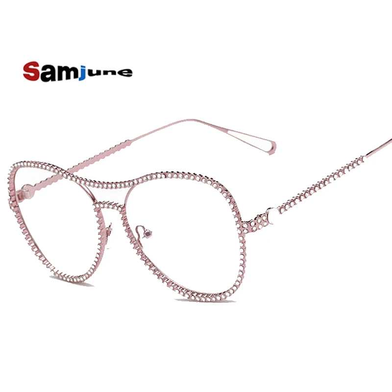 

Samjune Sunglasses Women Decorative Rhinestone Brand Designer Copper Frame Mirror lens Double Bridge Sun Glasses