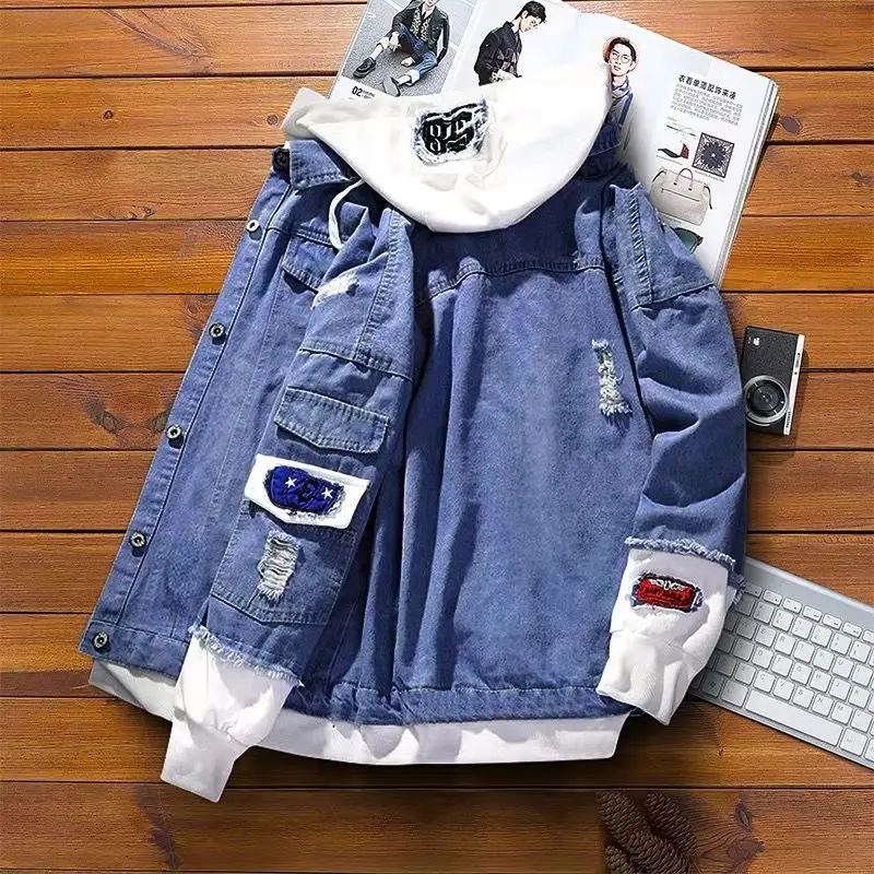 Мужские куртки весна осень поддельные две части Лоскутная джинсовая куртка с