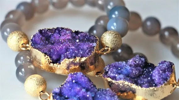 Purple Amethysts Big Druzy Drussy Stone Gold Vermeil Spacers Gray Agates Beaded Stretch Bracelets