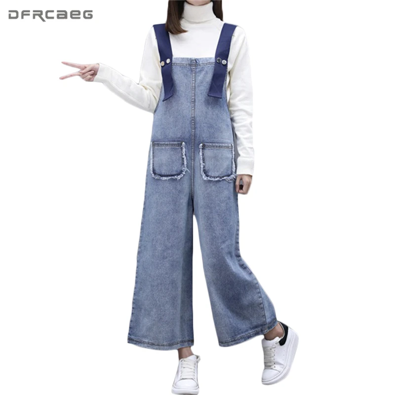

Big Pockets Denim Overalls Women 2019 Autumn Loose Romper Ankle-Length Pants Casual Strap Wide Leg Jumpsuit Jeans Woman Trousers