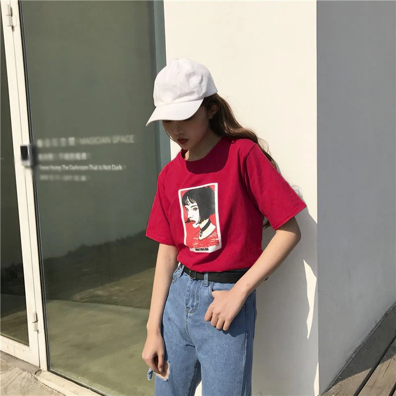 Kawii милый Mathilda Leon Профессиональный Весна и Лето Южная Корея ulzzang Harajuku стиль голова портрет свободная футболка femal