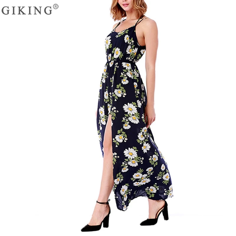 GIKING Women Floral Print Summer Dress High Split Fake 2 Pieces Sexy Shorts V-neck Maxi Party Boho Spaghetti Strap Vestido | Женская