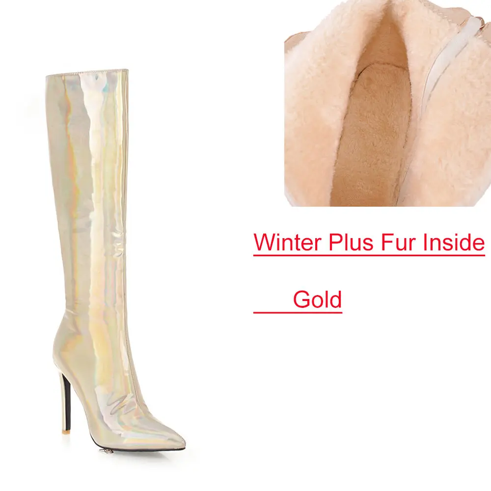 Plus Fur Gold Lasyarrow/Сапоги до колена; сапоги на шпильке из лакированной кожи золотого и серебряного цвета; пикантная Брендовая обувь; Женская пикантная обувь с острым носком; F664 - Цвет: Plus Fur Gold