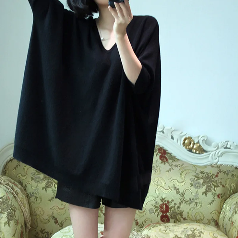 

New V-neck Loose cashmere Sweater Female Long Sleeves lazy Sweater Autumn and Winter Bat sleeves Solid color bottoming shirt