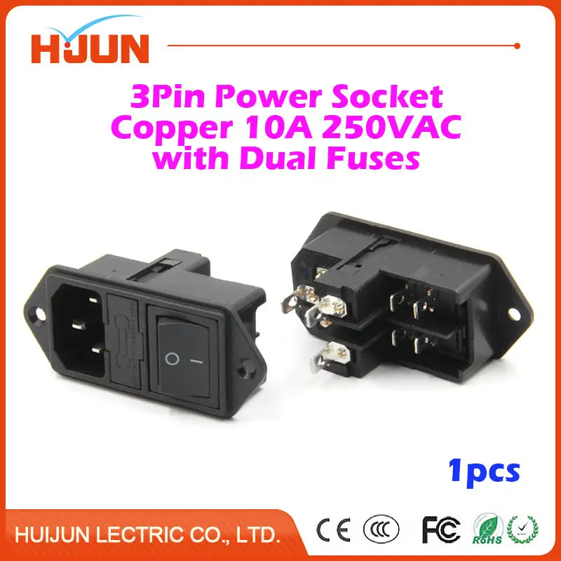 

1Pcs High Quality 3 Pin Safe Male Power Socket Dual Fuses Copper Black Switch Inlet Connector Plug 10A 250VAC Computer Apparatus