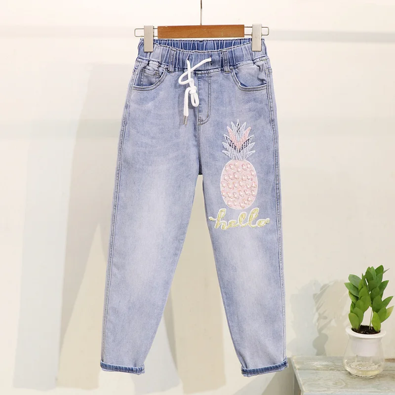 Women Summer Tees Jeans 2PCS Sets Beading Sequined Pineapple O-Neck Short Sleeve T-shirts+Lace-up Elastic Waist Denim Pants | Женская