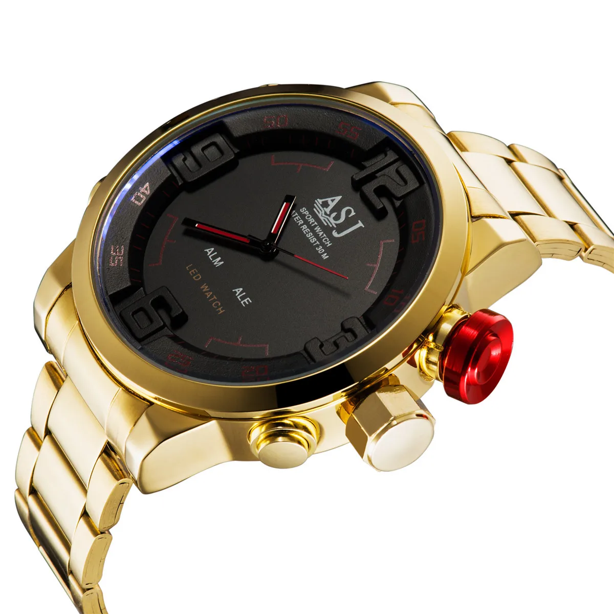 ASJ Brand Men's Military Watches Men Luxury Gold Steel Strap Quartz Watch LED Display Sports Wristwatches 50M Waterproof | Наручные