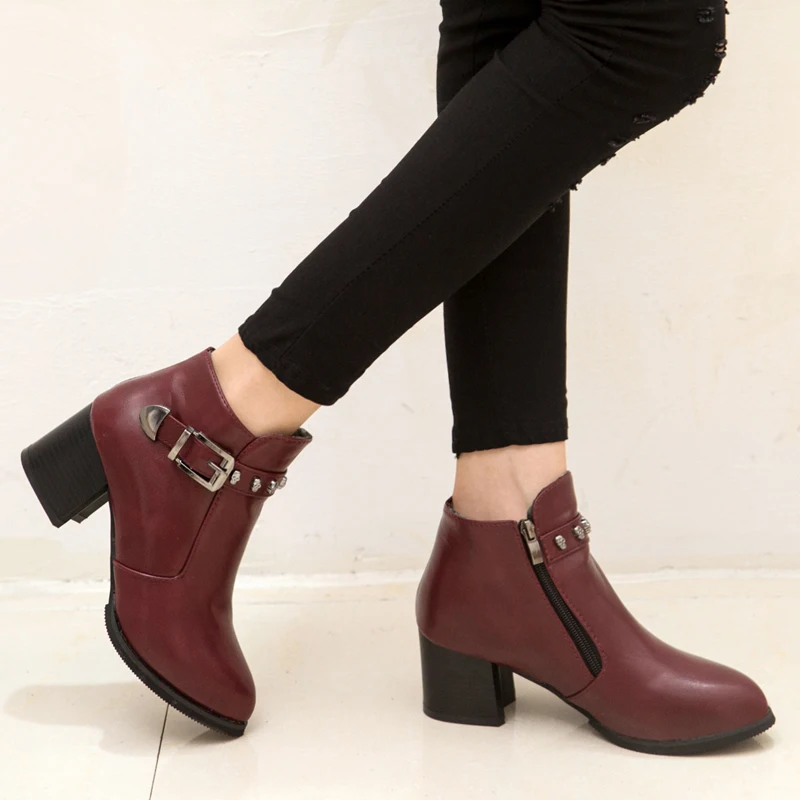 Зима осень женщины платформы квадратный каблук ботильоны краска кожаные сапоги