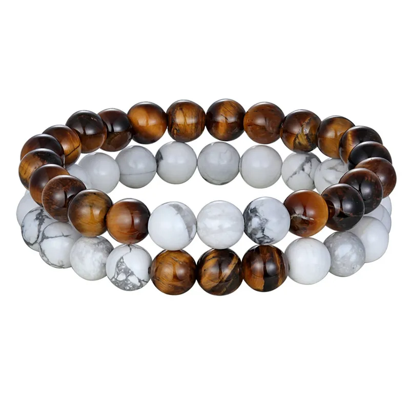Tiger Eye-white TYO Classic 2 шт./компл. женские мужские черные Лава белый натуральный камень Набор браслетов из бусин 8 мм DIY соответствия пара Обручение ювелирные изделия - Окраска металла: Tiger Eye-white