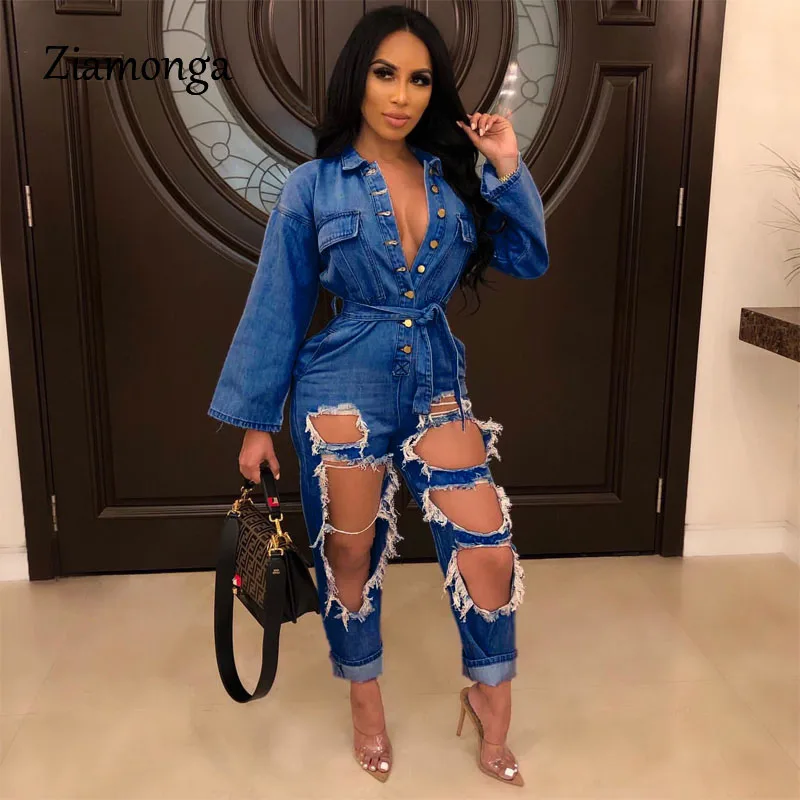 Dark Blue Ziamonga свободный ковбойский комбинезон с длинным рукавом и карманами на поясе, комбинезон с отложным воротником, женская одежда - Цвет: Dark Blue
