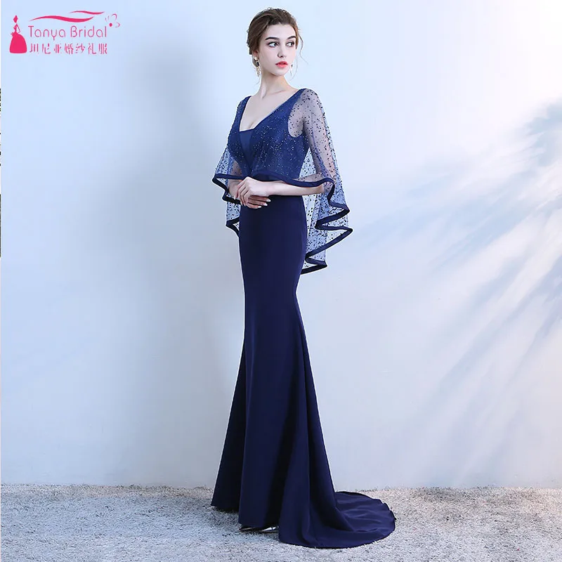 Темно синие вечерние платья русалки с глубоким v образным вырезом и болеро