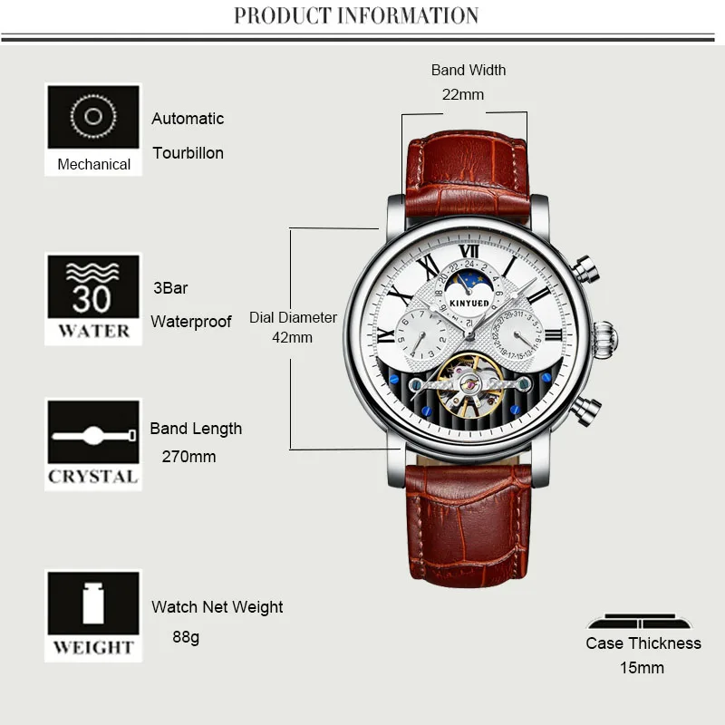 KINYUED Automat часы розовое золото кожа водонепроницаемый луна наручные Tourbillon
