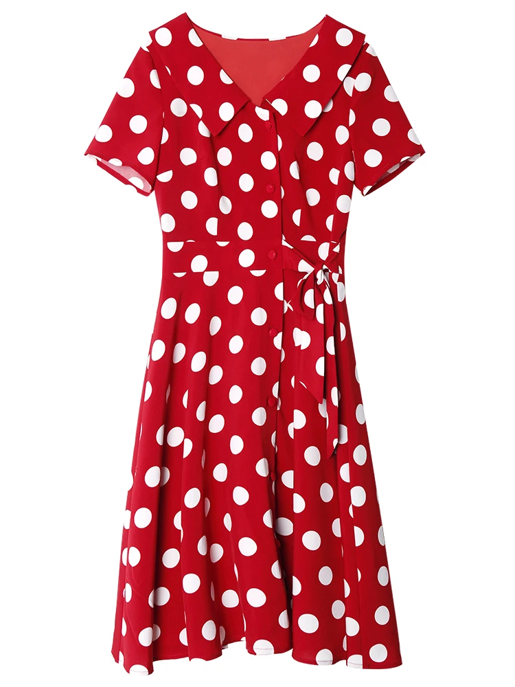 Красное шифоновое платье в горошек для девочек-подростков летнее