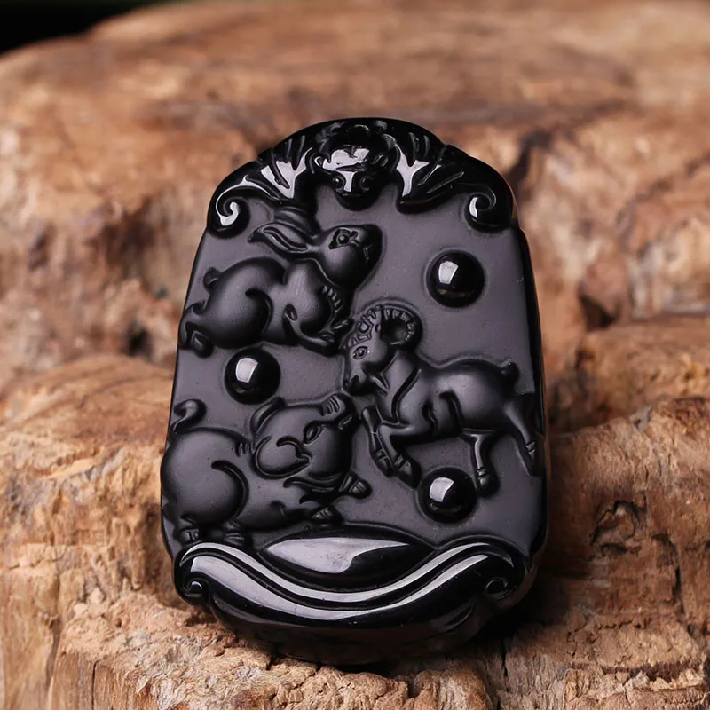 Прямая поставка натуральный черный обсидиан кулон резной китайский зодиак