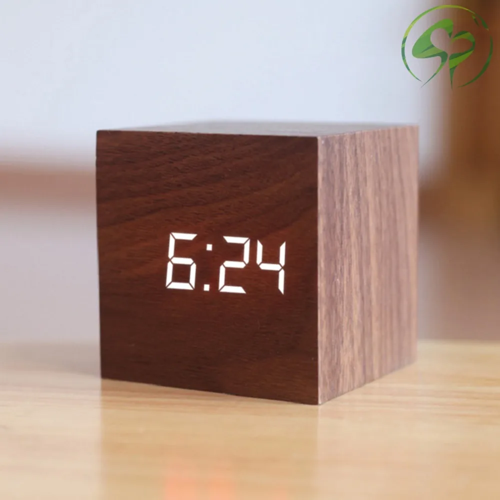 Square Wooden Digital LED Alarm Clock USB/Battery Powered Thermometer with Sound Control Home Decor | Дом и сад