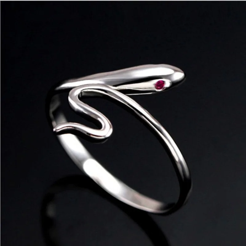 OMHXZJ Wholesale European Fashion Woman Girl Party Wedding Gift Silver Red Snake AAA Zircon Open 925 Sterling Ring RR277 | Украшения и