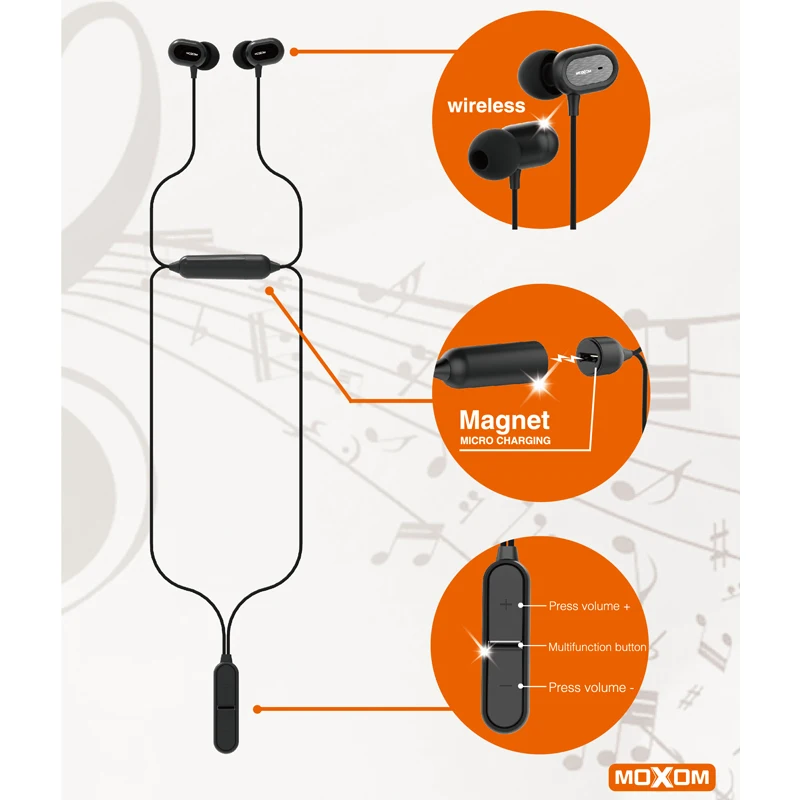 MOXOM Bluetooth Наушники Hi-Fi Беспроводной наушники спортивные наушники V4.1+ EDR вкладыши наушники для Xiaomi для iPhone