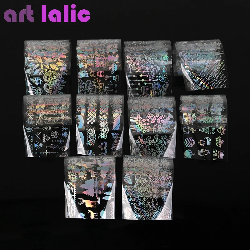 10 Pcs 4*20cm Holographic Nail Foil Dreamcatcher Rose Cat Starry Sky Flower Pattern Art Transfer Sticker Decor Set|nail foil|holographic nail