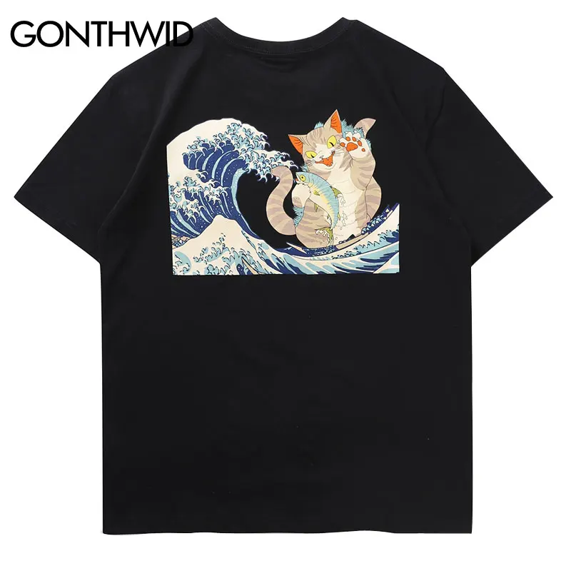 GONTHWID японский укийо-е кошка волна печати футболки уличная летняя Harajuku