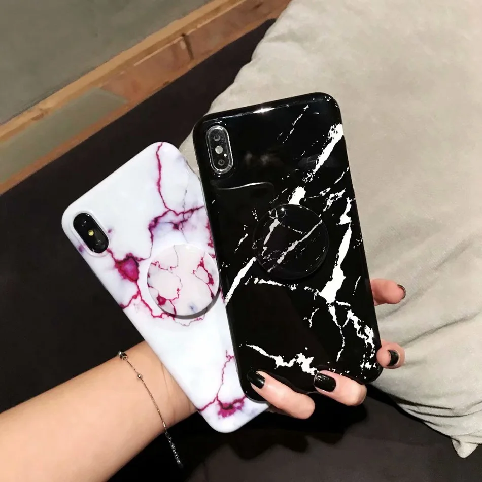 For iPhone X XS Max XR Case Luxury Glossy Marble Veins Cover 7 6 8 Plus Granite Stone Stand Holder Soft TPU Cases |