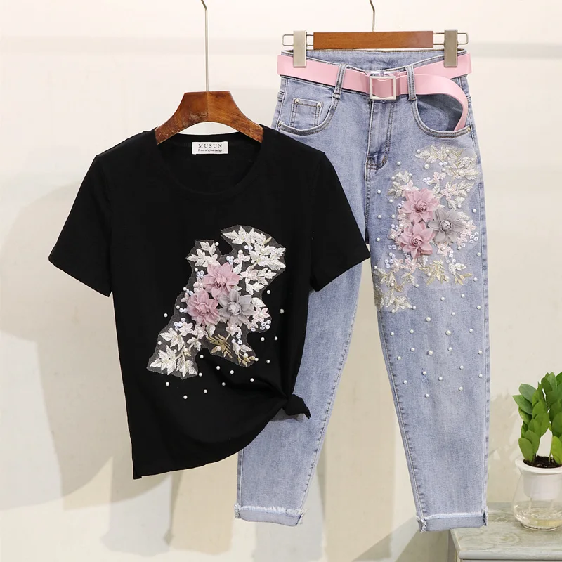 Футболка ALPHALMODA женская летняя с цветком и бусинами|Спортивные костюмы| |