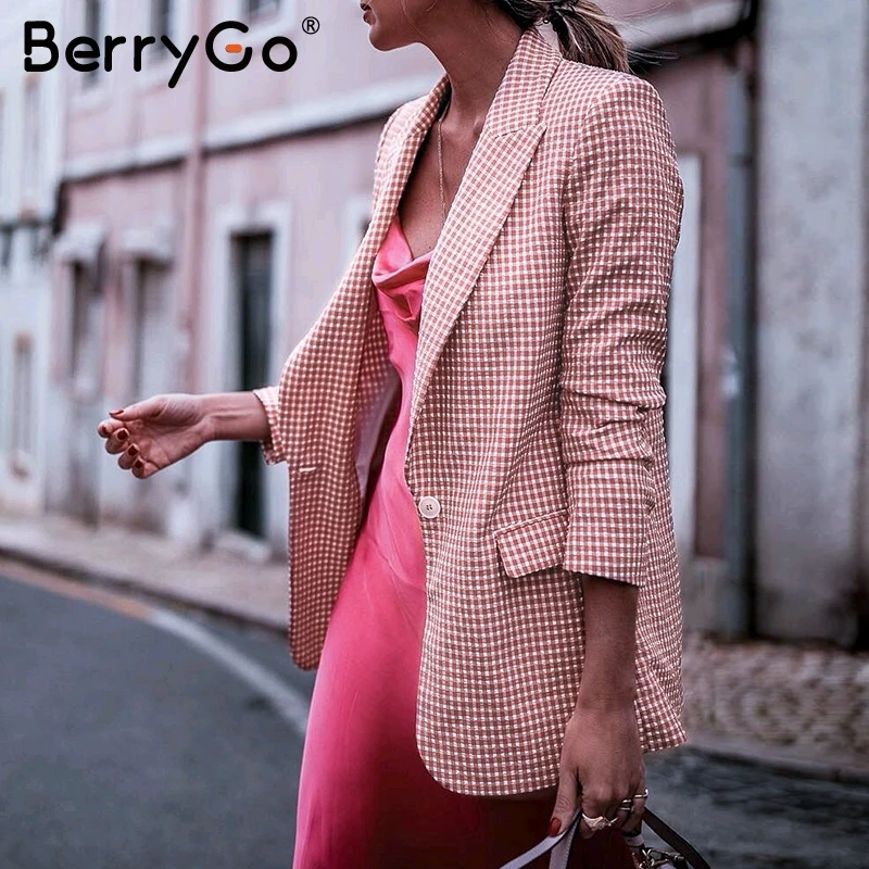 Женский офисный Блейзер BerryGo розовый клетчатый блейзер с длинными рукавами и
