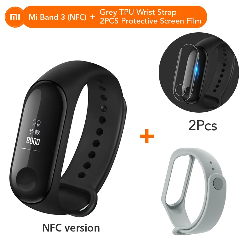 NFC Add Gray Strap mi Band 3 NFC версия Xio mi монитор сердечного ритма умный спортивный браслет OLED mi band 3 Smartband разноцветные ремни - Цвет: NFC Add Gray Strap