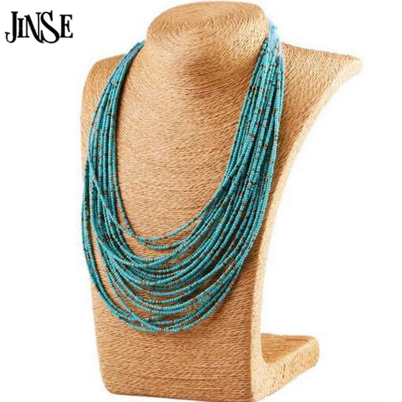 

JINSE BLS098 New Jewelry Vintage Ethnic Women Beads Bohemian Necklace Multi Layer Necklace stone Beads Statement Necklace