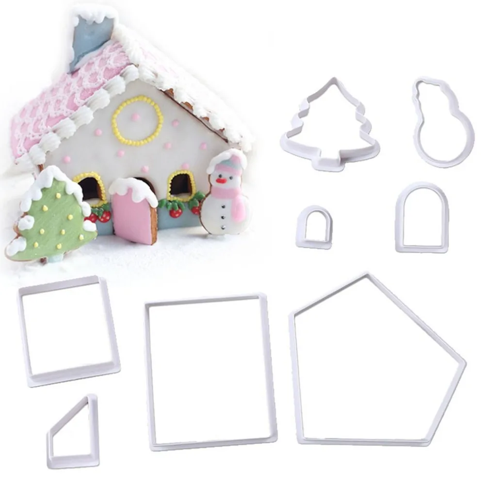 

8Pcs Plastic Cookie Cutter Set 3D Christmas Gingerbread House Mould DIY Biscuit Mold Pastry Cake Stamp Baking Tools