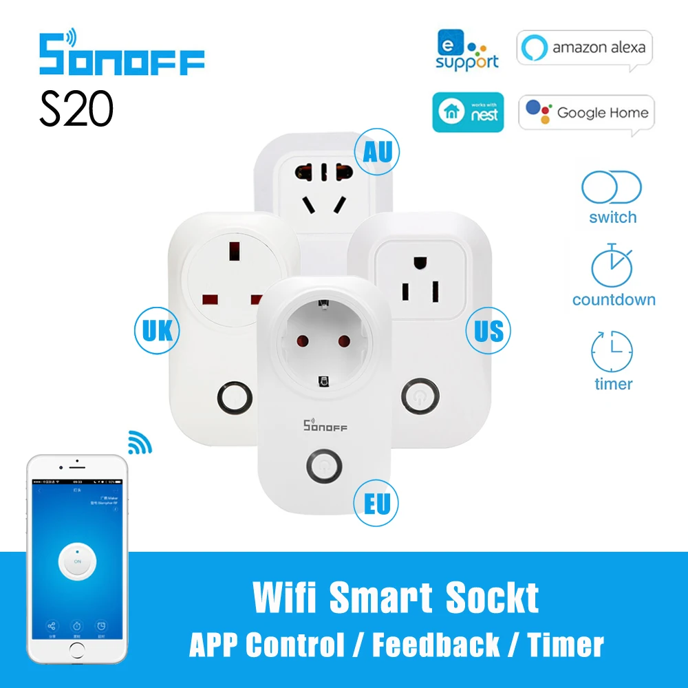 Умная розетка Sonoff S20 ЕС Великобритания США Австралия Wi Fi выключатель для умного