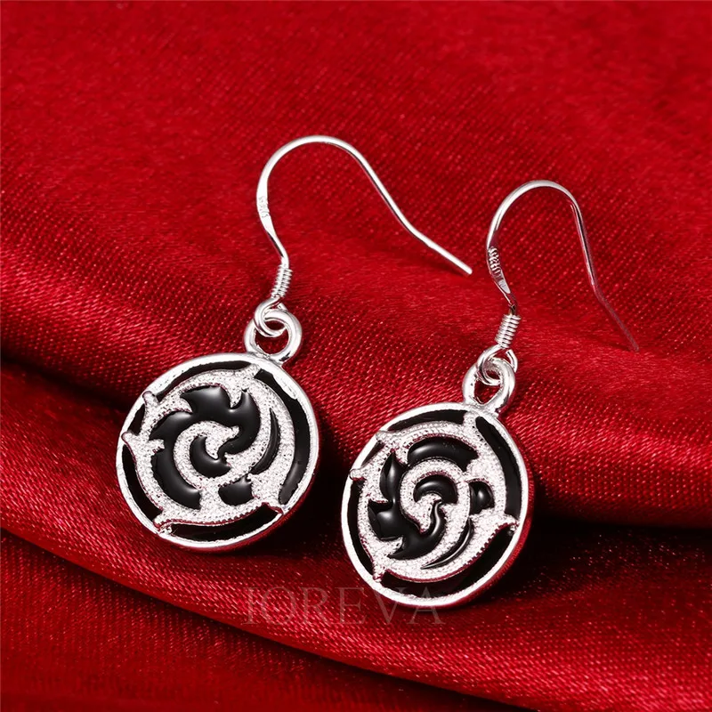 Винтаж цветочным узором серьги круглый эмалевый для женщин посеребренная черный