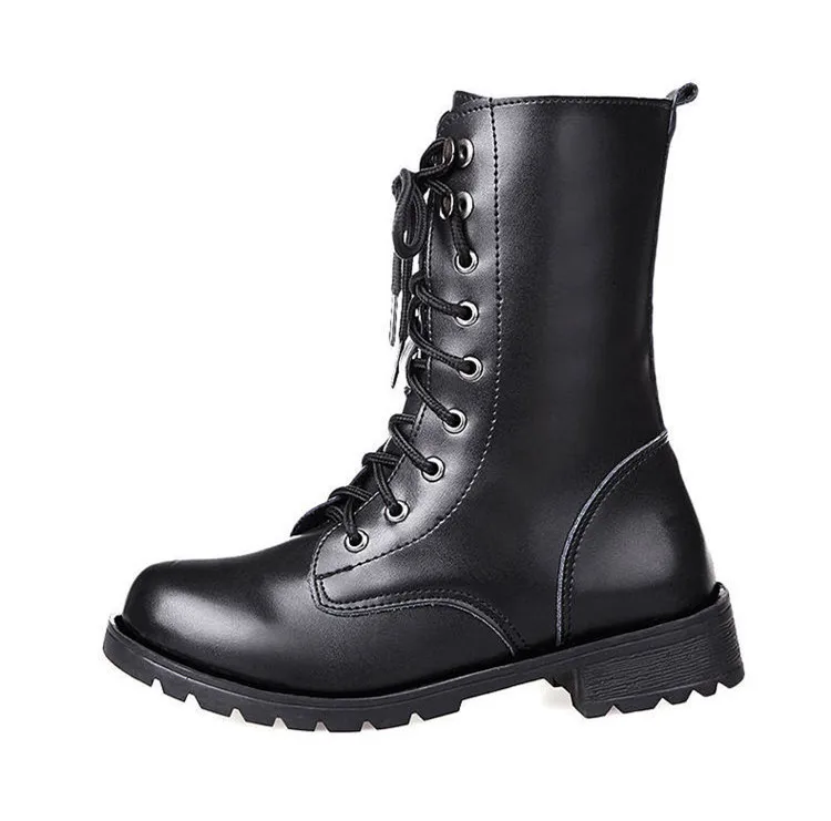 2019 winter Cool Big Size Women Riding Boots Black Pu Leather Mid-Calf Rivet Adults Maritn for Plus size 35-43 | Обувь
