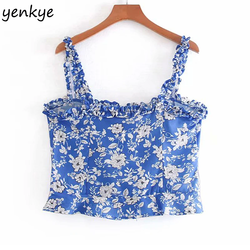 Modis 2019 женский синий цветочный принт укороченный Топ Леди спереди регулируемый