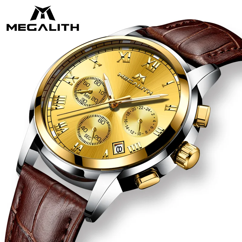 

MEGALITH Gold Leather Watches Men Waterproof Date Calendar Horloges Mannen Fashion Casual Luminous Quartz Wrist Watch Mens Clock