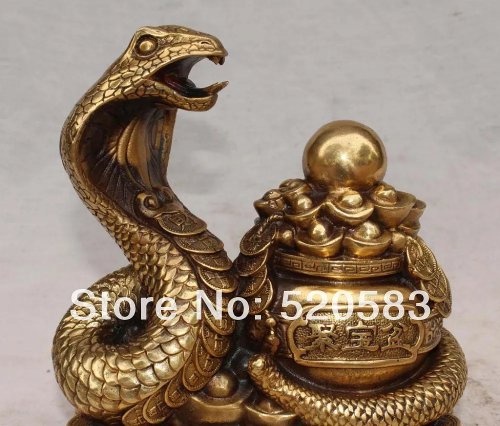 8"Marked Chinese Bronze Wealth YuanBao Money Snake Animal Ju bao Pen Ball Statue | Дом и сад